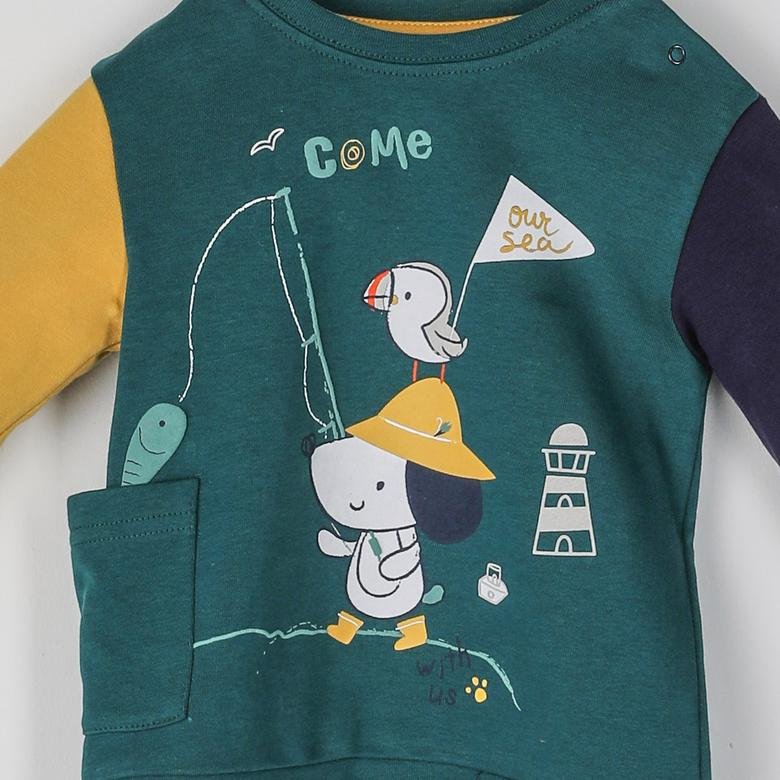 Erkek Bebek Cep Detaylı Balıkçı Desenli Sweatshirt