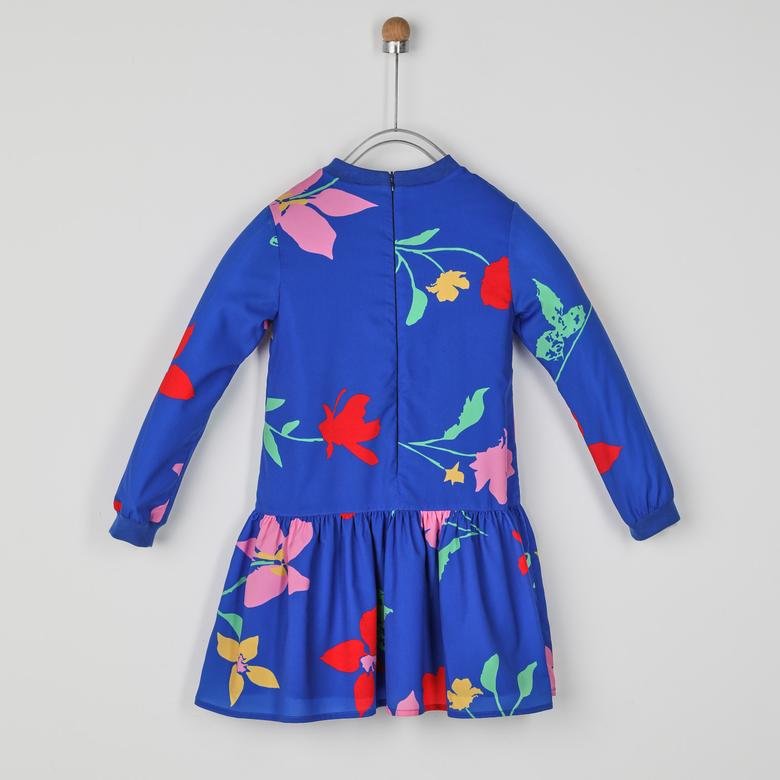 Kız Çocuk Çiçek Desenli Arkadan Fermuarlı Elbise
