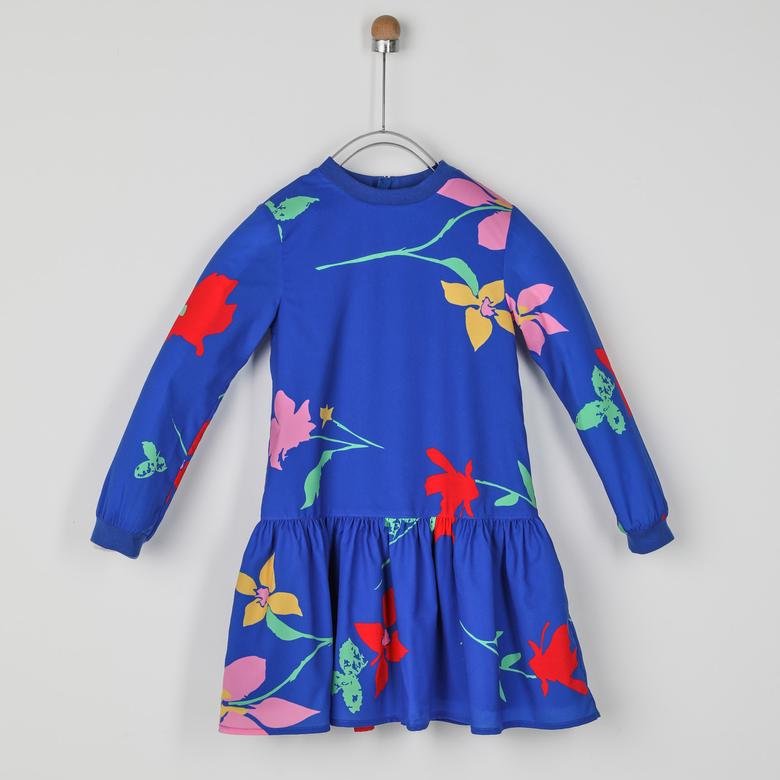 Kız Çocuk Çiçek Desenli Arkadan Fermuarlı Elbise