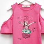 Kız Çocuk Omuz Detaylı Baskılı Kısa Kollu T-shirt