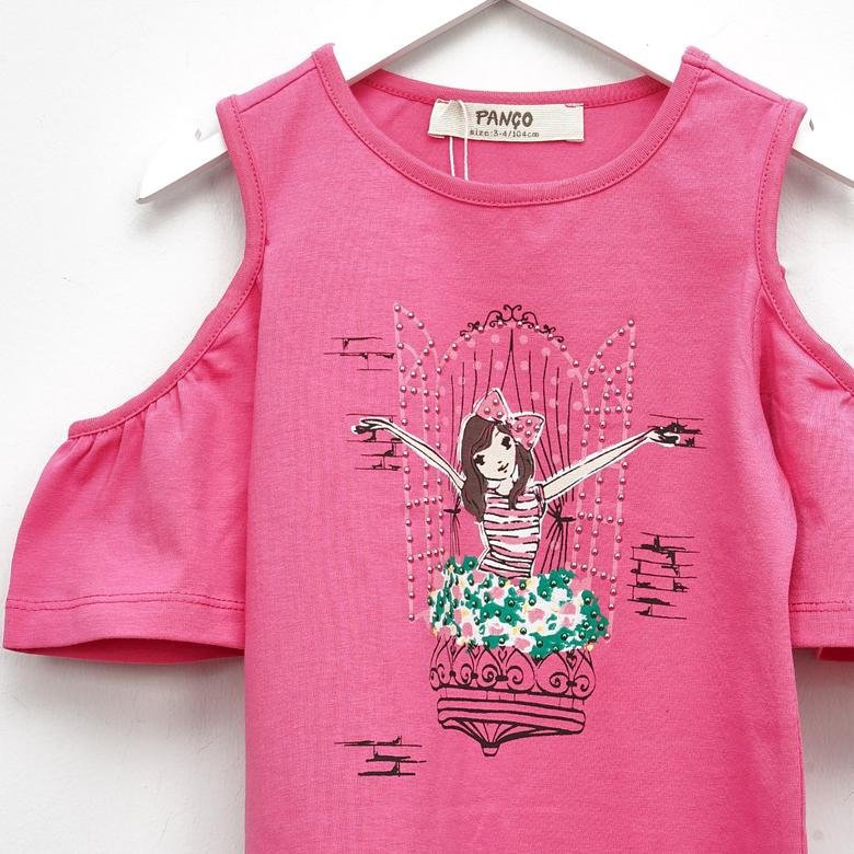Kız Çocuk Omuz Detaylı Baskılı Kısa Kollu T-shirt