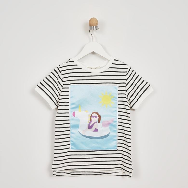 Kız Çocuk Çizgi Detaylı Baskılı Kısa Kollu T-shirt