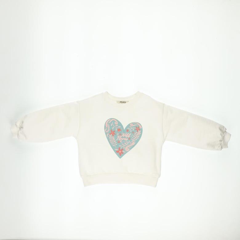 Kız Bebek Kalp Baskılı Balon Kol Sweatshirt