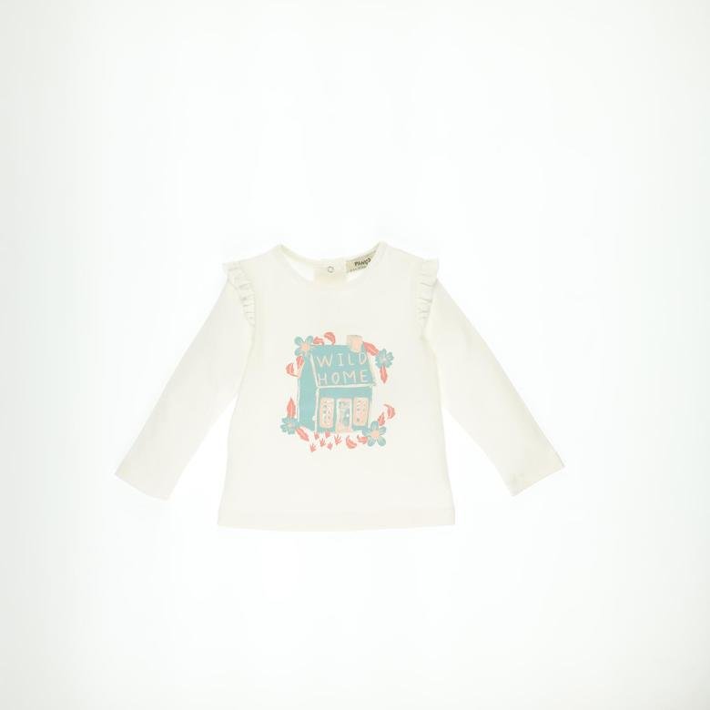 Kız Bebek Fırfır Detaylı Baskılı Uzun Kollu T-shirt