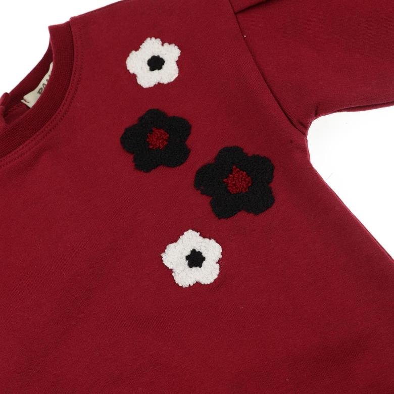Kız Bebek Omuzu Büzgülü Çiçek Nakışlı Sweatshirt