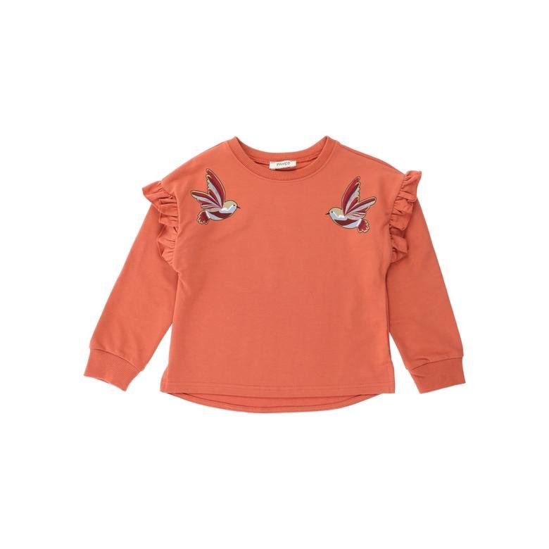 Kız Çocuk Kuş Baskılı Kolları Fırfırlı Sweatshirt