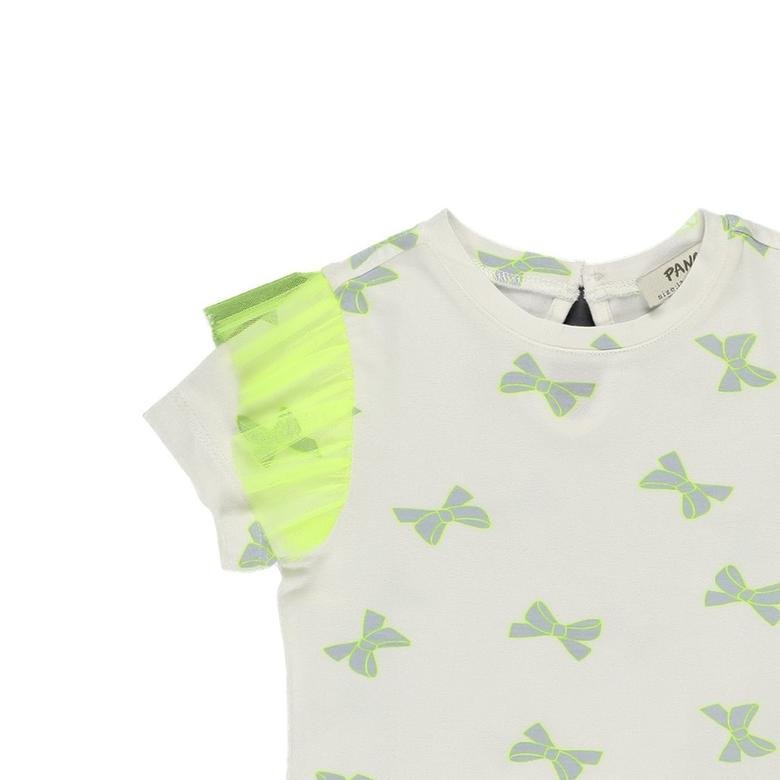 Kız Bebek Kolu Tül Detaylı Baskılı Kısa Kollu T-shirt