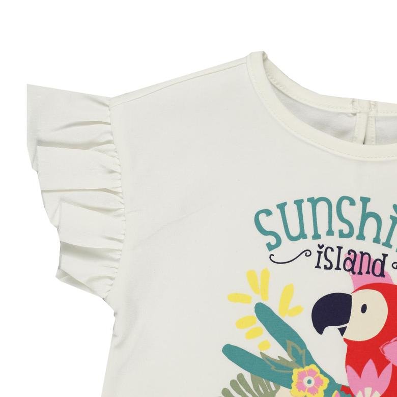 Kız Bebek Kolları Fırfırlı Baskılı Kısa Kollu T-shirt