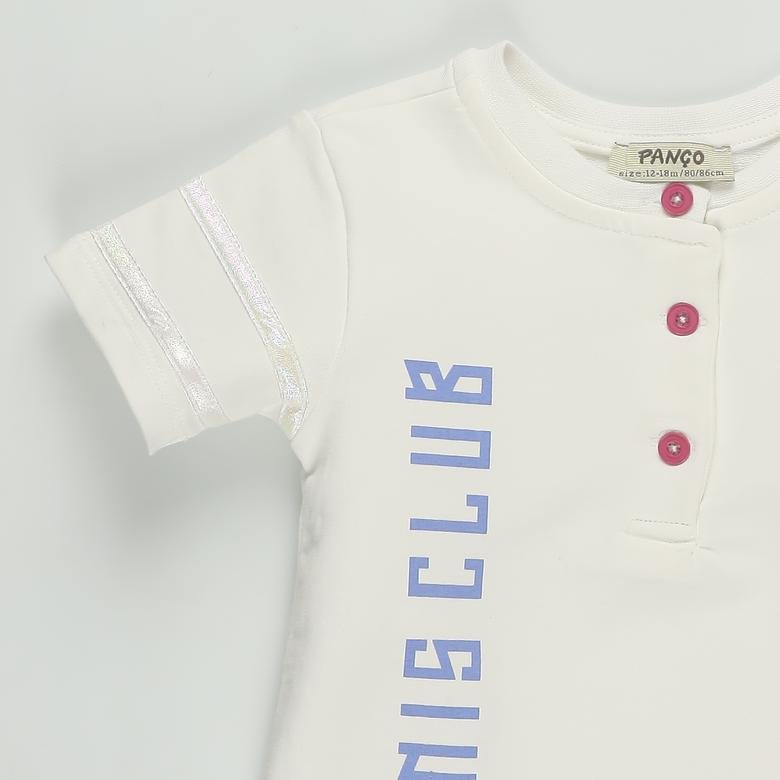 Kız Bebek Şerit Detaylı Baskılı Kısa Kollu Tişört
