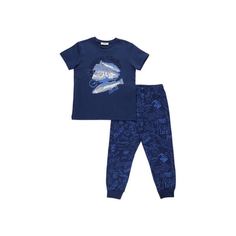 Kısa Kollu Baskılı  Mavi Pijama Takımı