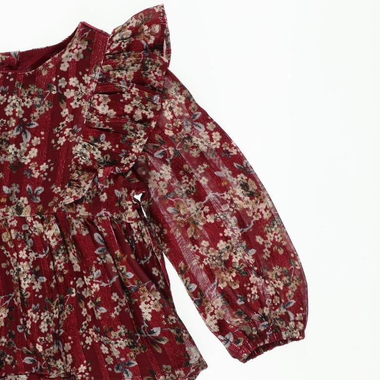 Kız Çocuk Robası Volanlı Arkası Düğmeli Desenli Bluz