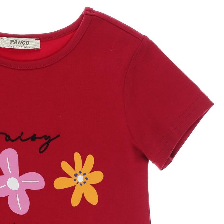 Kız Çocuk Önü Çiçek Baskılı Kısa Kollu T-shirt