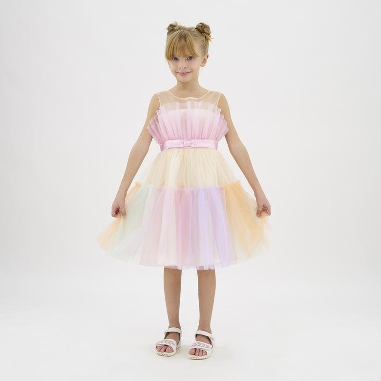Kız Çocuk Renkli Tül Detaylı Parti Elbisesi