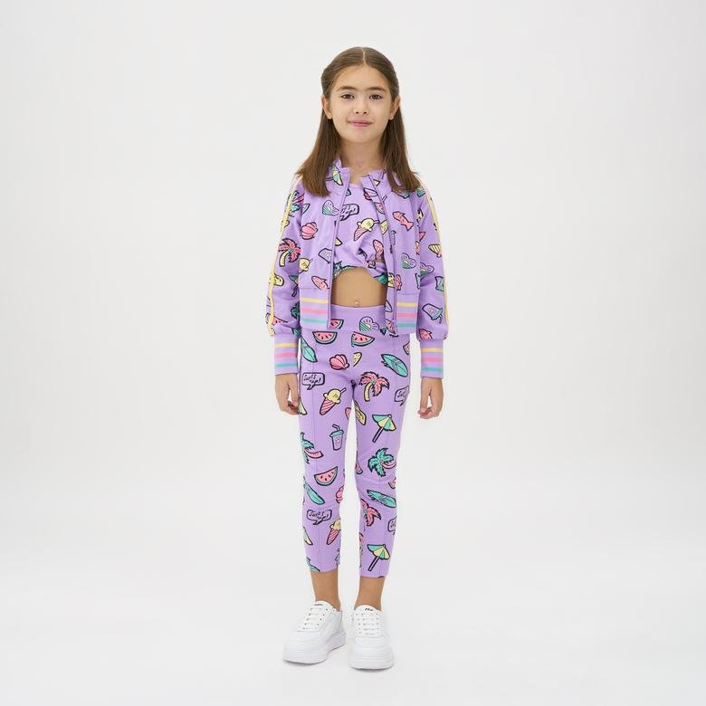 Kız Çocuk Çok Renkli Desenli Fermuarlı Sweatshirt