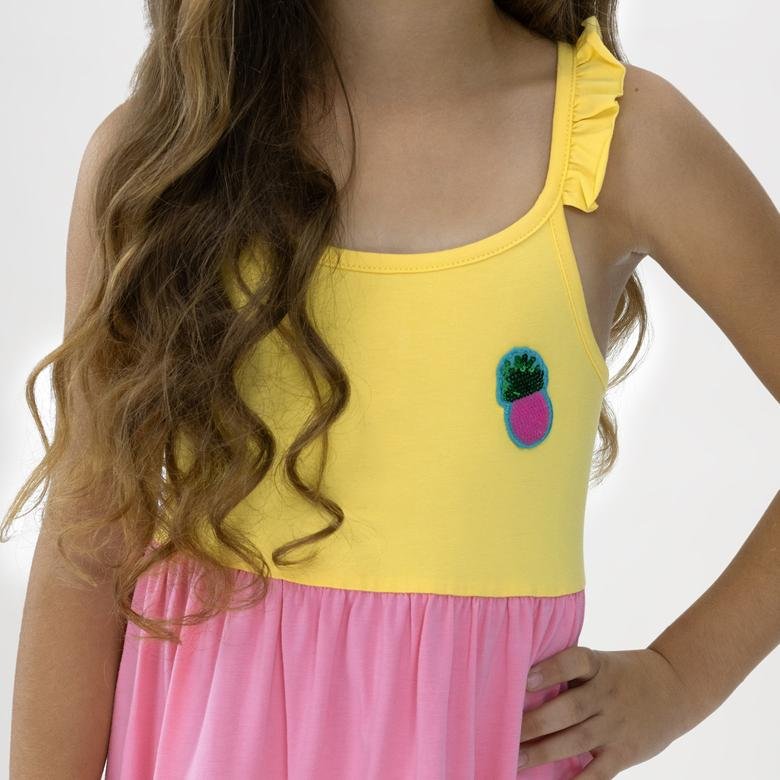 Kız Çocuk Omuzları Fırfır Detaylı Blok Renkli Elbise