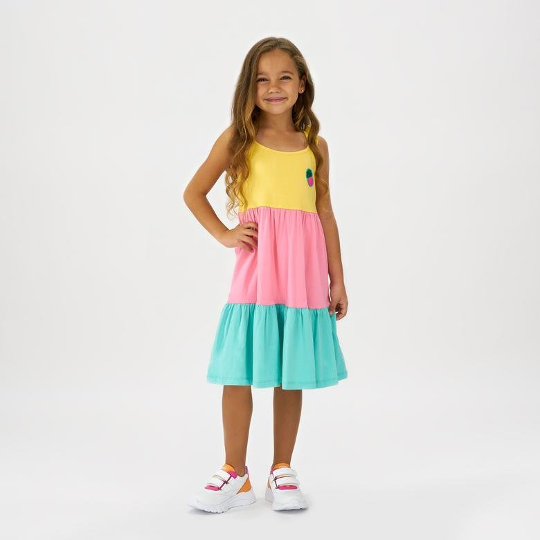 Kız Çocuk Omuzları Fırfır Detaylı Blok Renkli Elbise